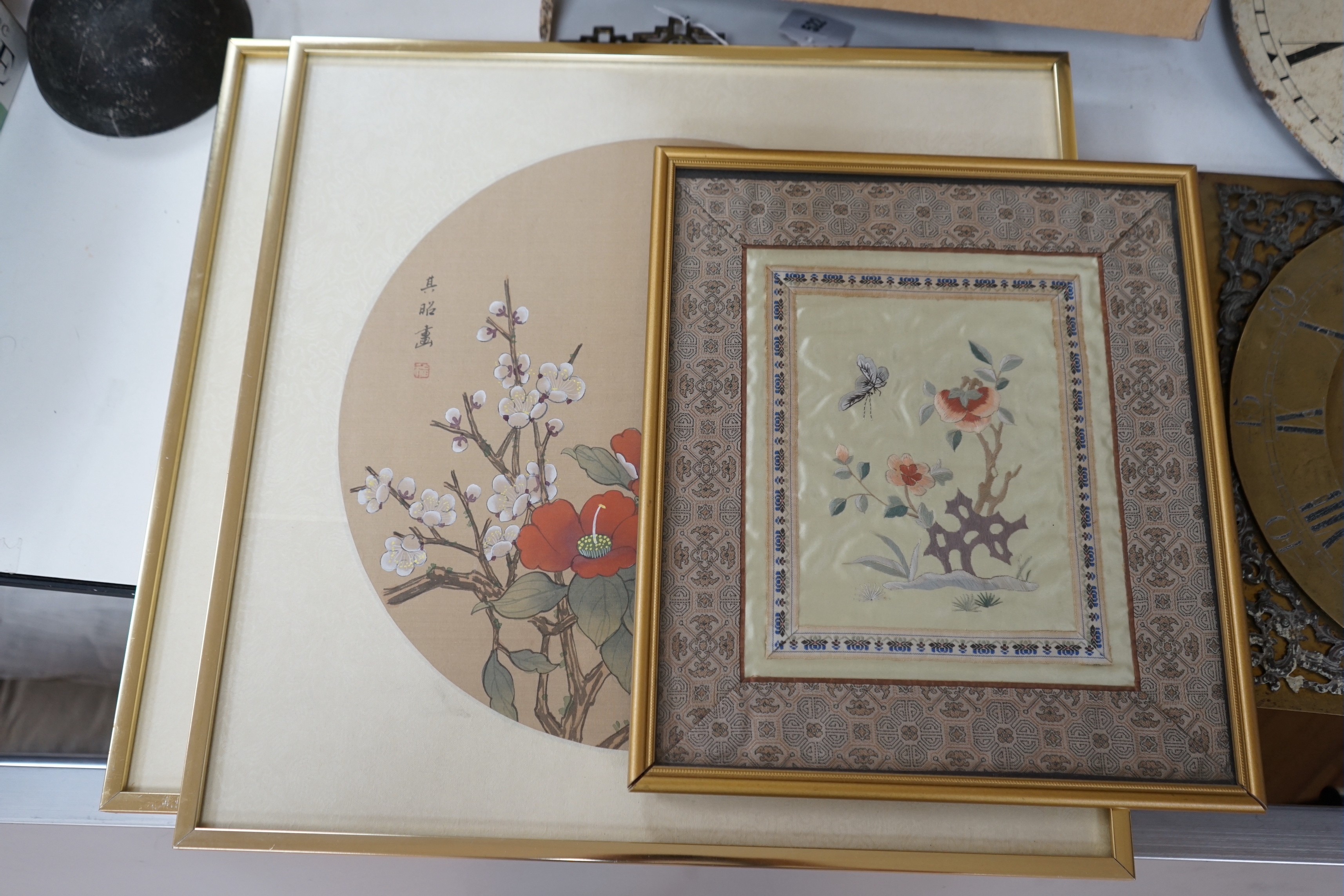 Two Chinese paintings on silk, image 30.5cm and a Chinese embroidered silk panel